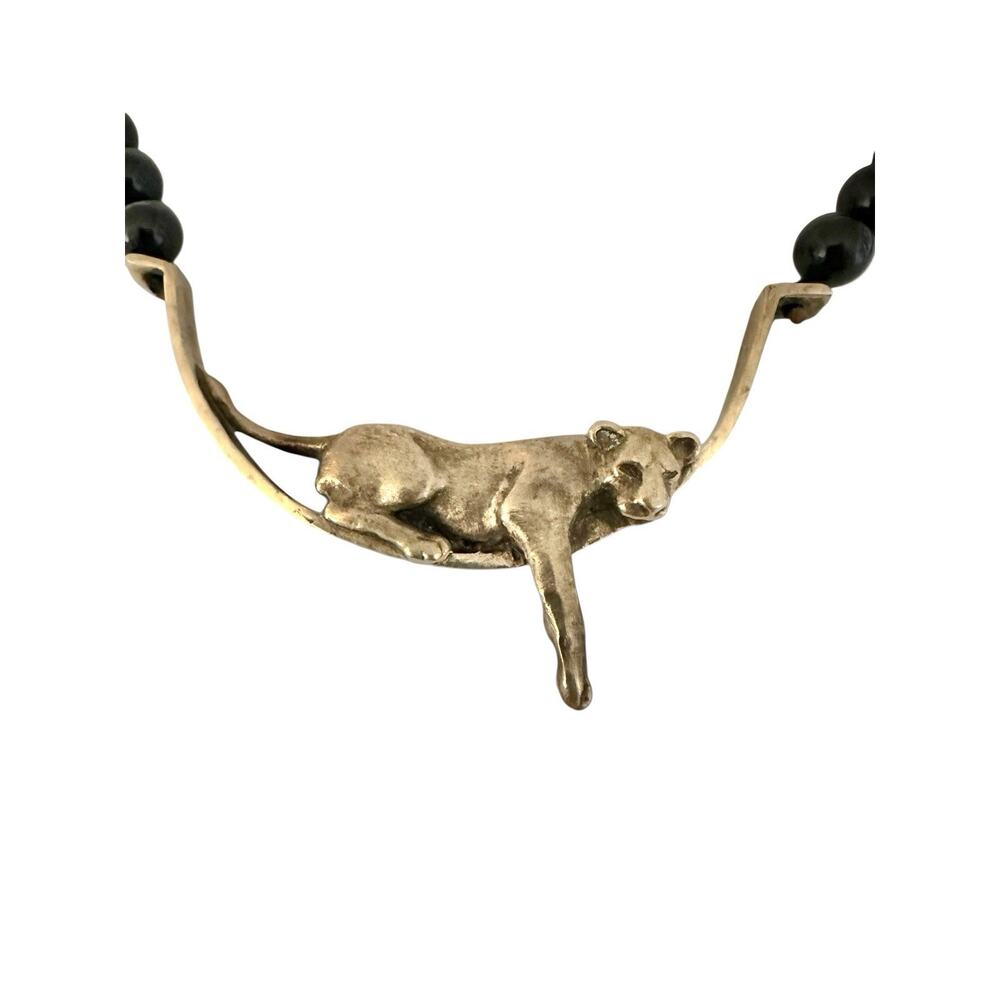 Alice Caviness Signed ‘87 Brass Lounging Panther Necklace Black Glass Beads 20” - Picture 3 of 8